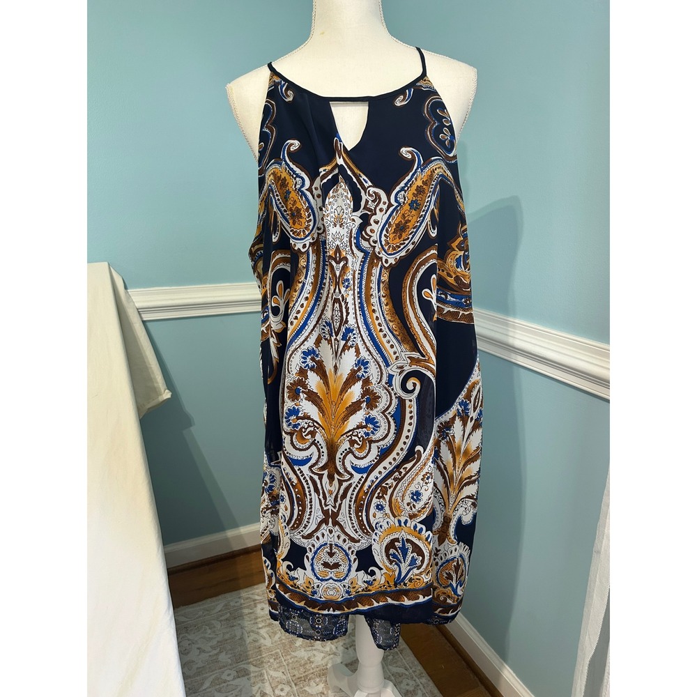 PerSeption Women Navy Paisley boHo hippie, gypsyHalter Shift Dress Plus Size 2X